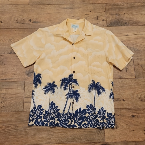 Vintage Tops - Vintage 90s Hawaiian Aloha Shirt Kolekole Peach Orange Navy Blue Palm Trees